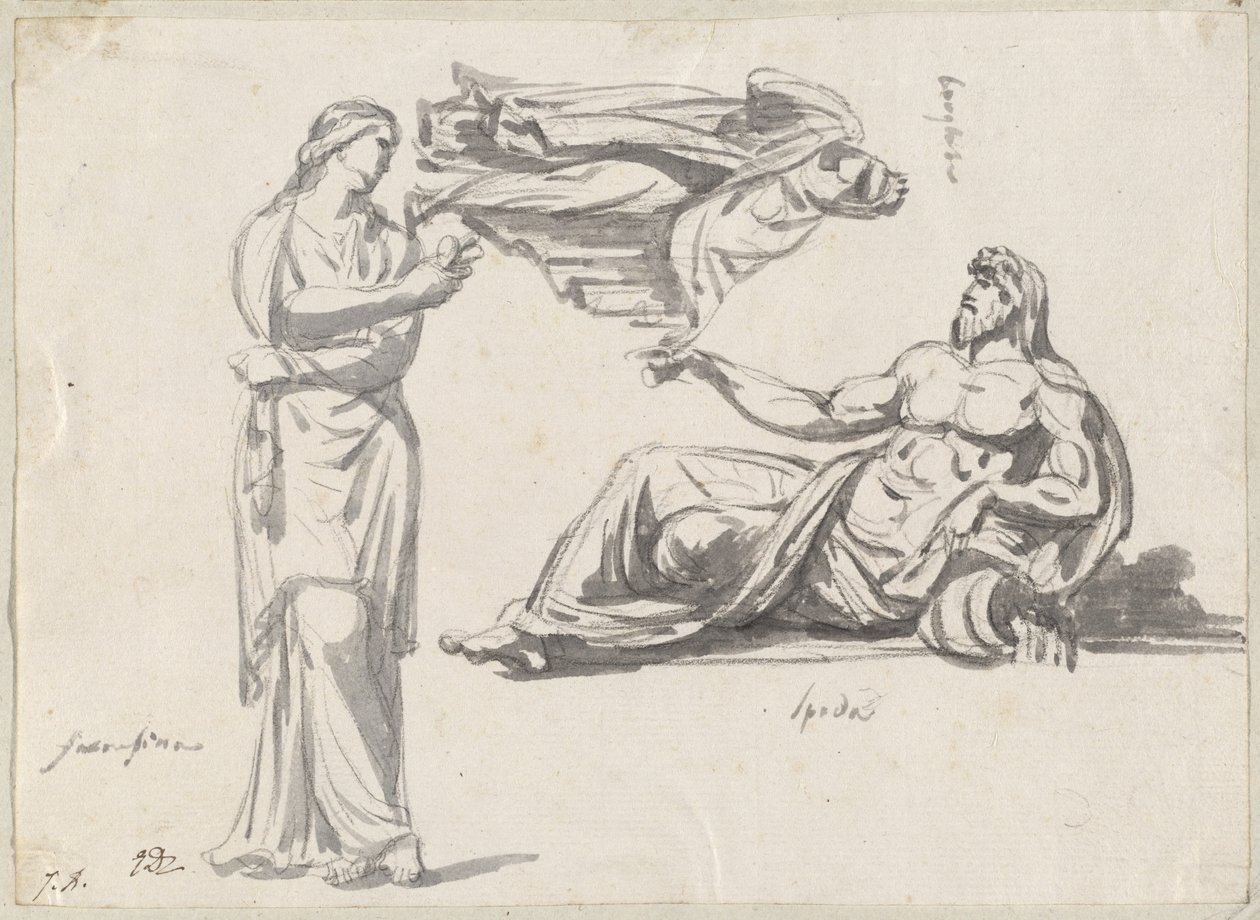 Um deus do rio e duas esculturas clássicas de Jacques Louis David