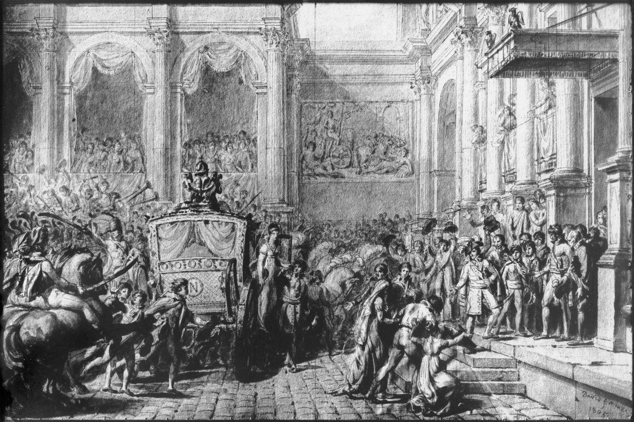 De volta da Consagração, Napoleão chegando ao Hotel de Ville, Paris, 1805 (caneta e tinta preta e cinza lavada e grafite sobre papel) de Jacques Louis David