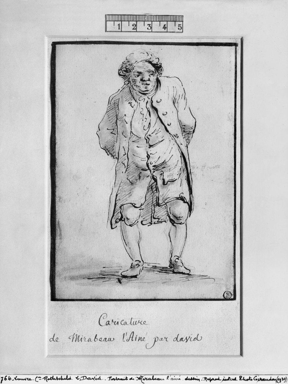 Caricatura do Honorário Gabriel Riqueti, Comte de Mirabeau (caneta e tinta marrom e cinza no papel) de Jacques Louis David