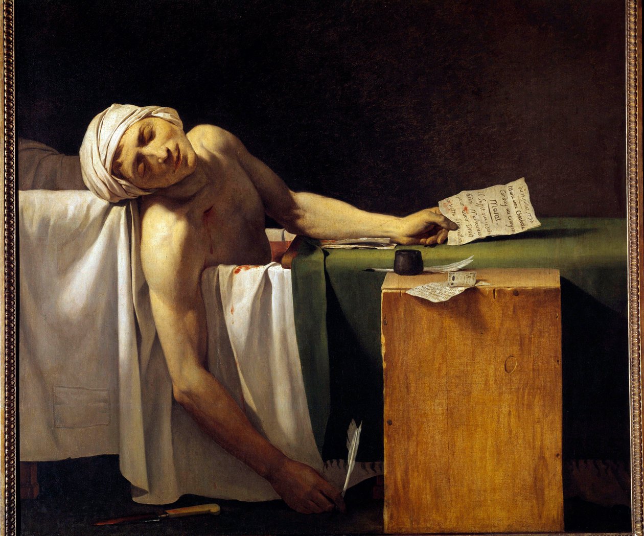 Revolução Francesa: "Jean Paul Marat (1743-1793) assassinado na sua banheira em 13/07/1793" Pintura de Jerome Martin Langlois (1779-1838), membro da oficina de Jacques Louis David. Século XIX de Jacques Louis David