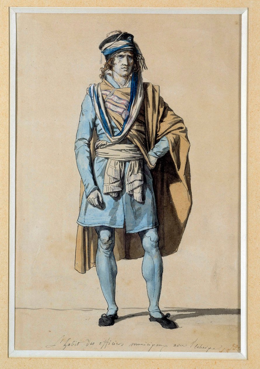 Revolução Francesa: projeto 1793 "Vestido de Oficial Municipal com o Lenço" Watercolour de Jacques Louis David (1748-1825) Sun. 0,3x0,2 m. Versalhes, Castelos de Versalhes e Trianon de Jacques Louis David