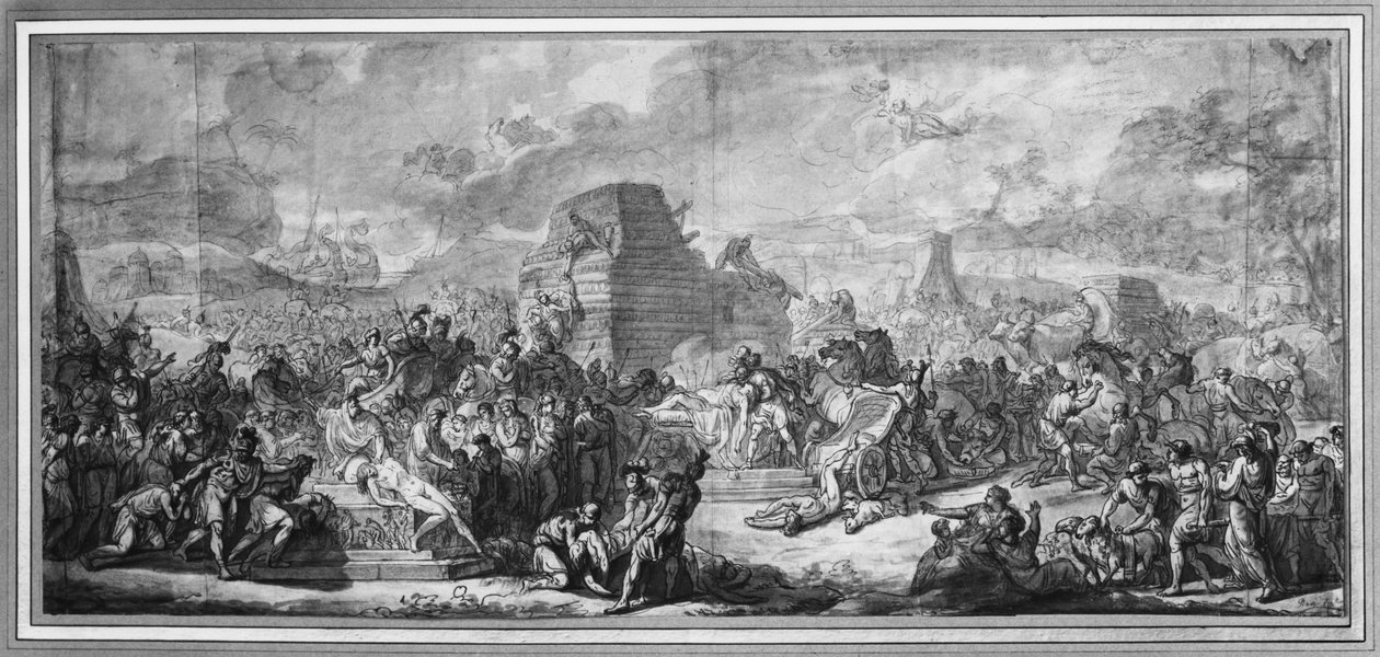 Funeral de Pátroclo (caneta e tinta preta e cinza lavagem e pierre noire no papel) de Jacques Louis David