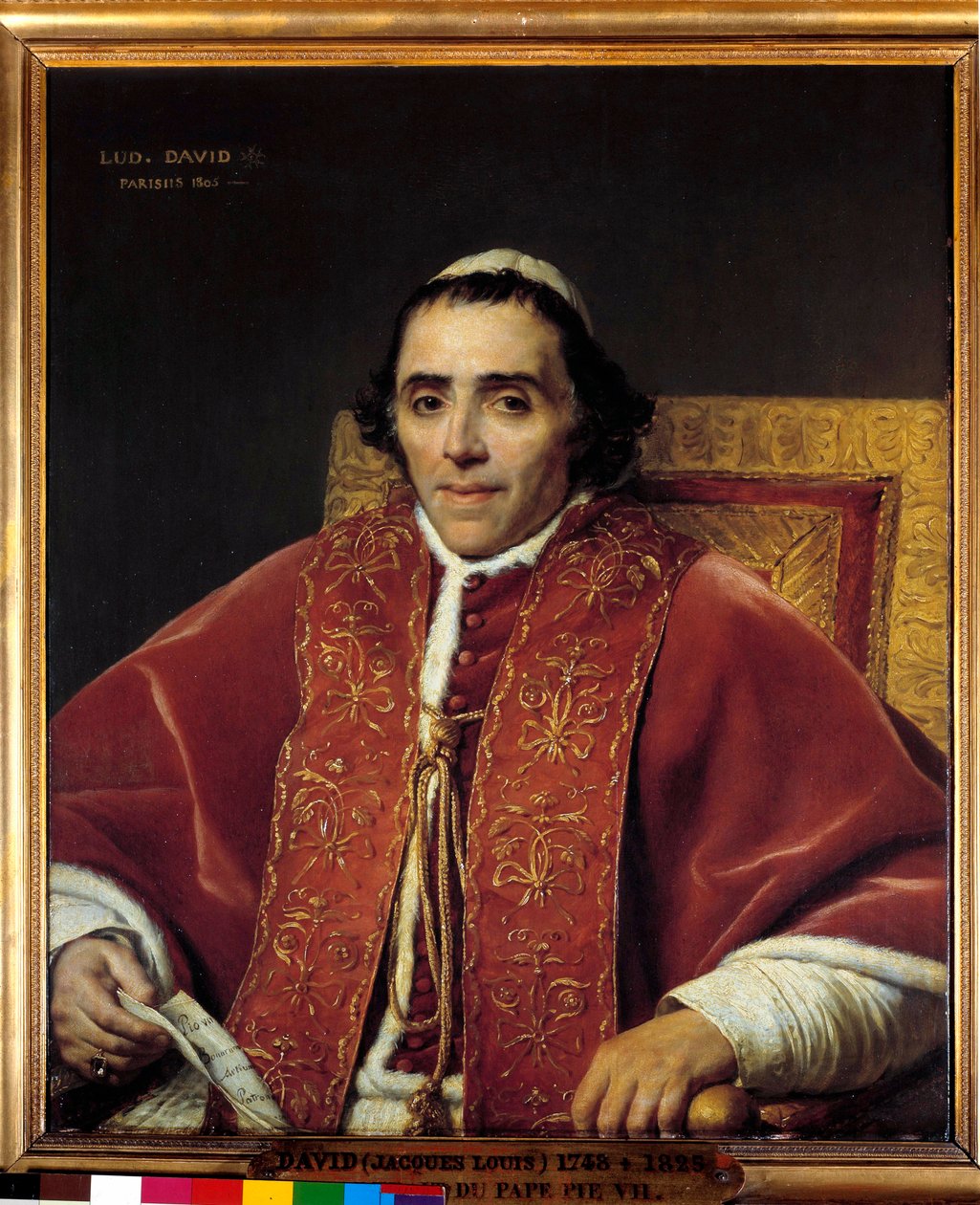 Retrato de meio corpo do Papa Pio VII (Gregoire Chiaramonti), Papa em 1800 (1742-1823) Pintura de Jacques Louis David (1748-1825) Sol do século XIX. 0,91x0,85 m. - Retrato de meio corpo do Papa Pio VII (Gregoire Chiaramonti), papa em 1800 (1742-1823). Pint de Jacques Louis David