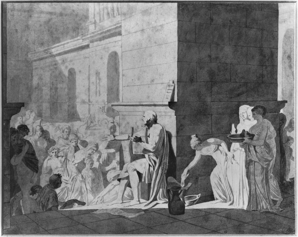 Homer recitando seus poemas, 1794 (caneta e tinta preta e grafite e cinza lavados e giz vermelho sobre papel) de Jacques Louis David