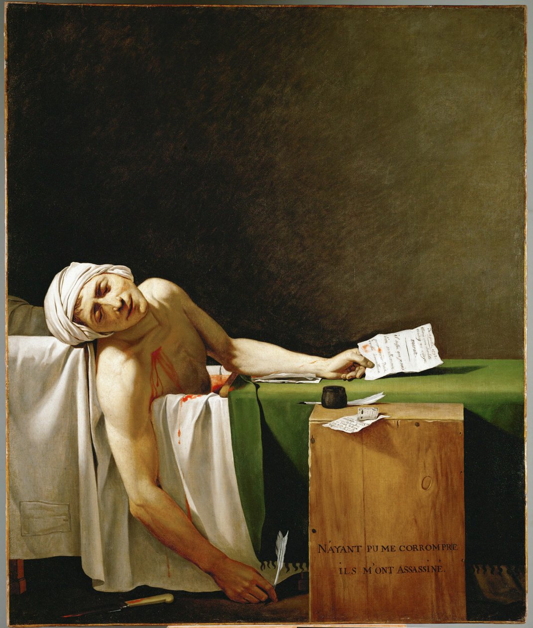 Jean Paul Marat, político e publicista, morto na sua banheira, assassinado por Charlotte Corday em ... de Jacques Louis David