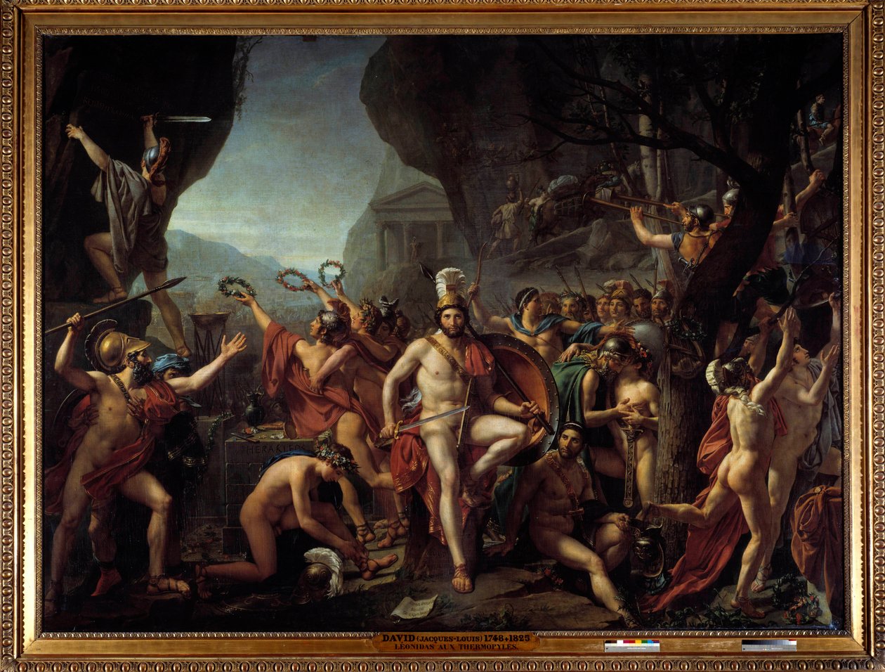 Leonidas para Termópilas Episódio da Batalha das Termópilas em 480 AC, opondo os gregos aos persas de Xerxes I, Leonidas I Rei de Esparta, segurando os braços, senta-se numa rocha, perto do altar de Hércules, nas traseiras uma tropa de espartanos avança pa de Jacques Louis David