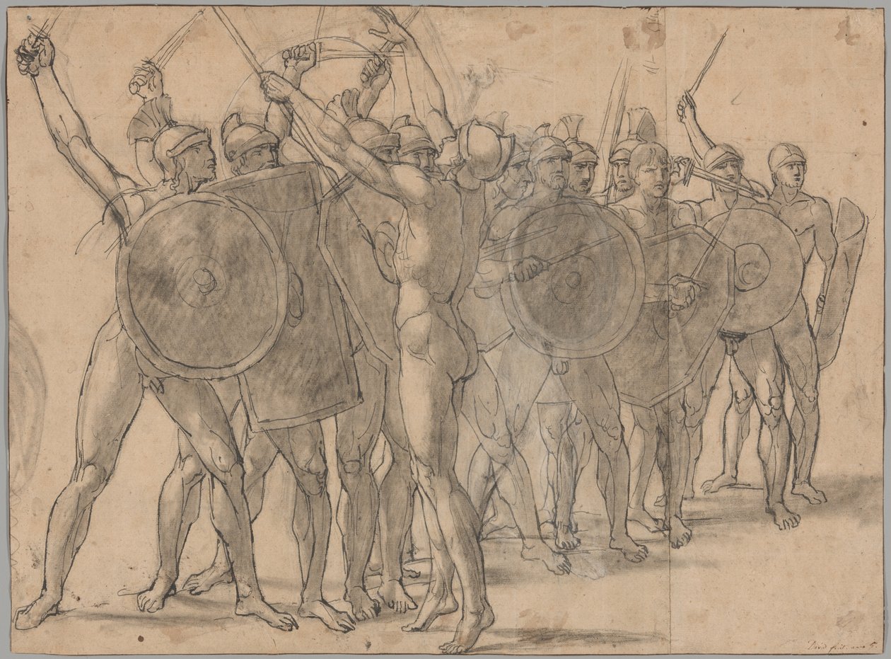 Soldados nus gesticulando com suas armas (reto); Dois estudos de cortinas para a figura de Tatius (verso) de Jacques Louis David