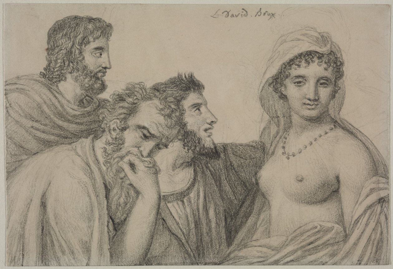Phryné perante os Juízes, c.1816-1820 (giz preto sobre papel de cera) de Jacques Louis David