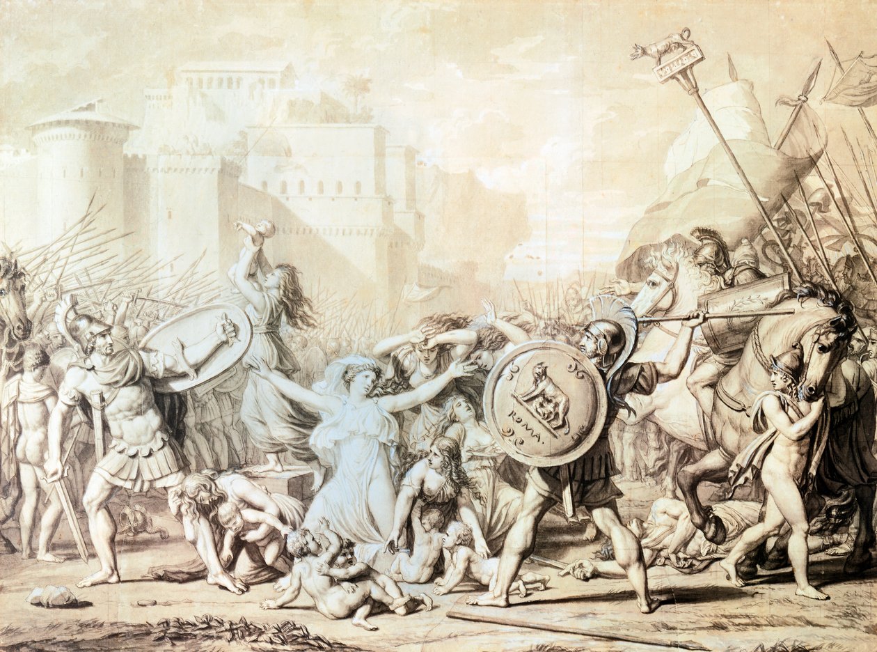 Estudo para Violação de Mulheres Sabine (caneta, tinta, aguarela e desenho a lápis) de Jacques Louis David