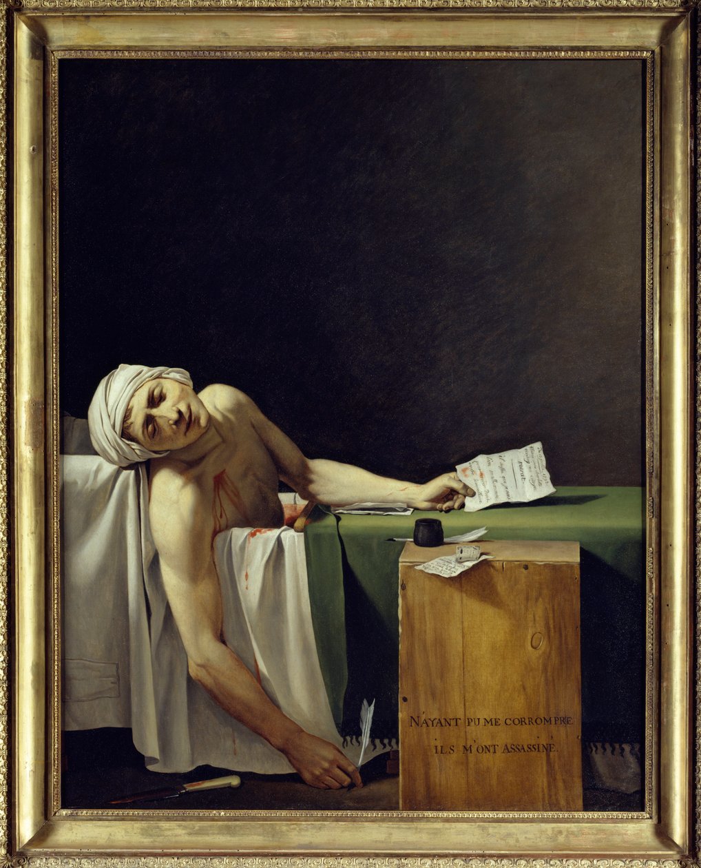 A Morte de Marat (John Paul Marat (1743-1793) assassinado). Pintura de Jacques Louis David (1748 - 1825). 1793 Sol. 1,62x1,3 m. Museu do Louvre Paris. de Jacques Louis David