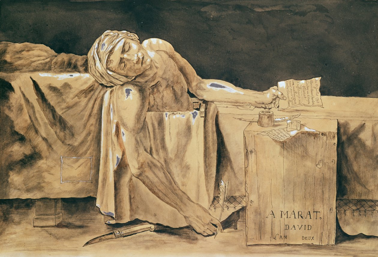 A morte de Marat, 1793 (caneta e tinta no papel) de Jacques Louis David