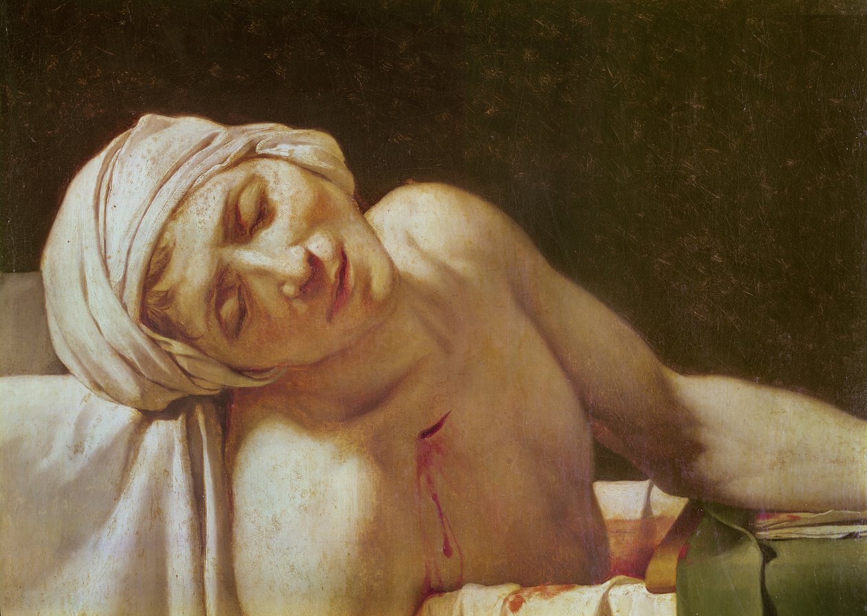 A Morte de Marat detalhe do Rosto, 1793 óleo sobre tela de Jacques Louis David