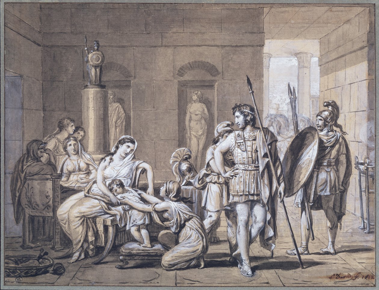 A Partida de Heitor, c.1812 (caneta e tinta sobre papel) de Jacques Louis David