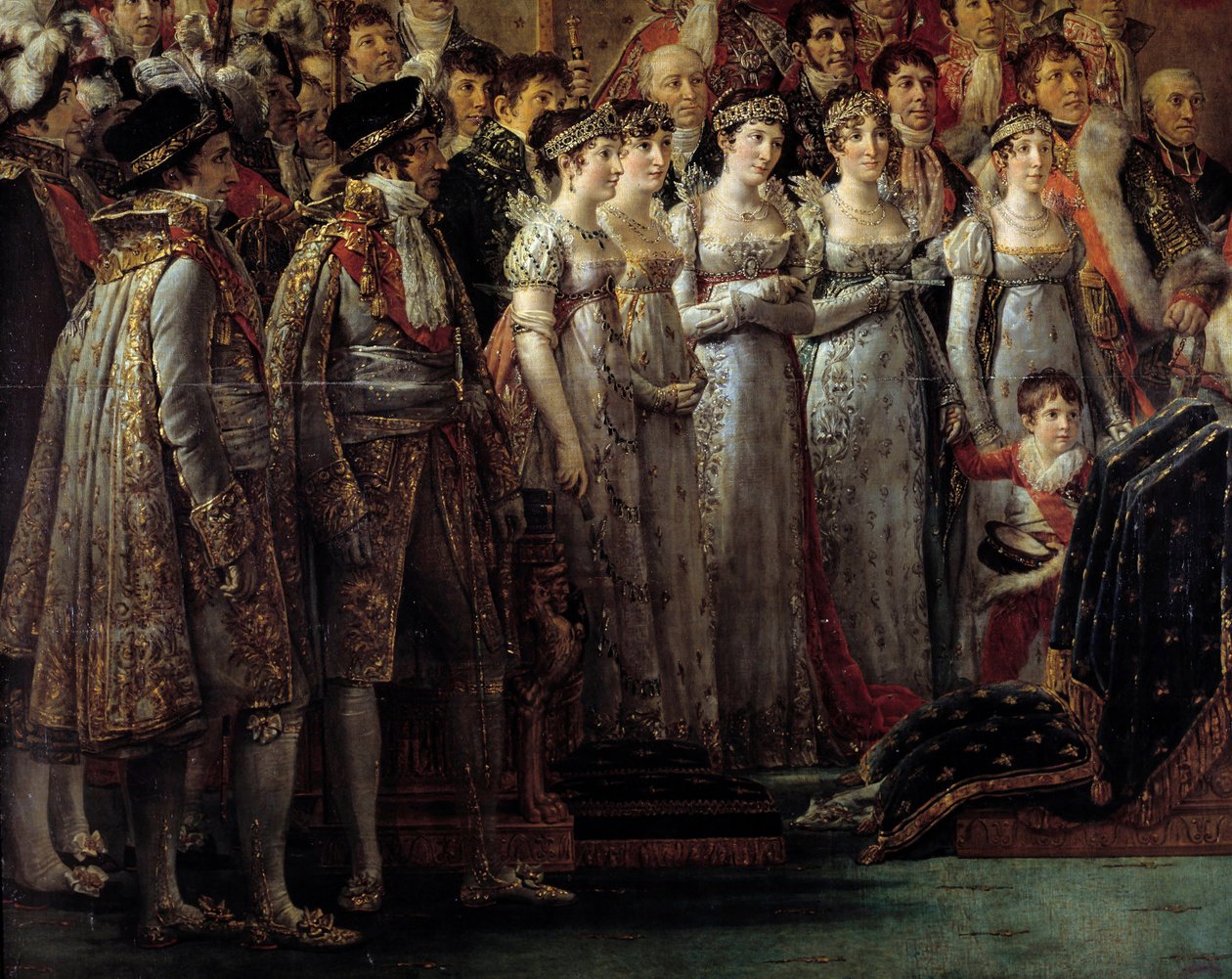 O Rito de Napoleão. Detalhe dos irmãos e irmãs do Imperador durante o Sacro do Imperador Napoleão I Bonaparte e a coroação da Imperatriz Josefina em Notre-Dame de Paris, em 2 de dezembro de Jacques Louis David