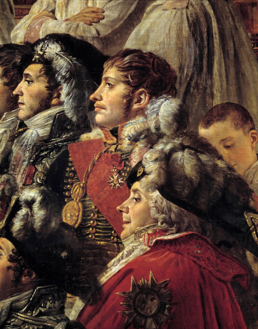 O Rito de Napoleão. Detalhe representando Auguste Jean-Gabriel de Caulaincourt (1777-1809), Eugene Rose de Beauharnais dit Prince Eugene (1781-1824), e Charles Maurice de Talleyrandt-Perigord dit Talleyrand (1754-1838) durante o Sacre do Imperador Napoleo de Jacques Louis David