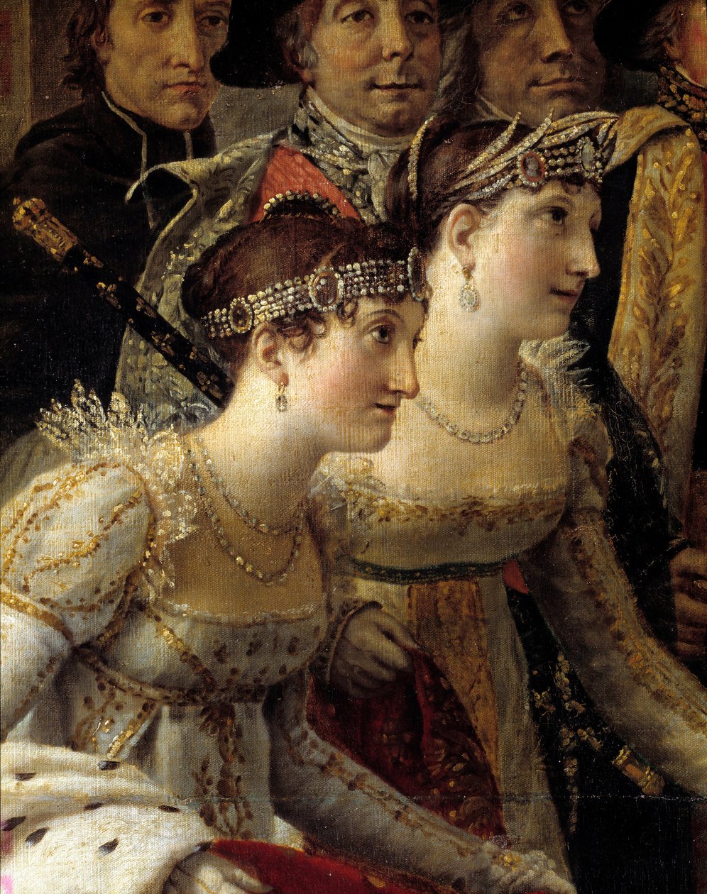 O Rito de Napoleão. Detalhe representando Madame de la Rochefoucault e Madame Lavalette durante o Sacre do Imperador Napoleão I Bonaparte e coroação da Imperatriz Josefina em Notre-Dame de Paris em 2 de dezembro de Jacques Louis David