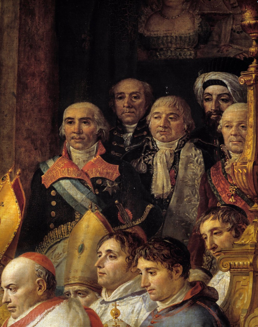 O Rito de Napoleão. Detalhe representando os embaixadores (Almirante de Gravina (embaixador da Espanha, falecido em 1805), General Armstrong (embaixador dos Estados Unidos), Monsieur de Marescalchi (ministro do rep. italiano), Mohamed sayd - halet effendi  de Jacques Louis David
