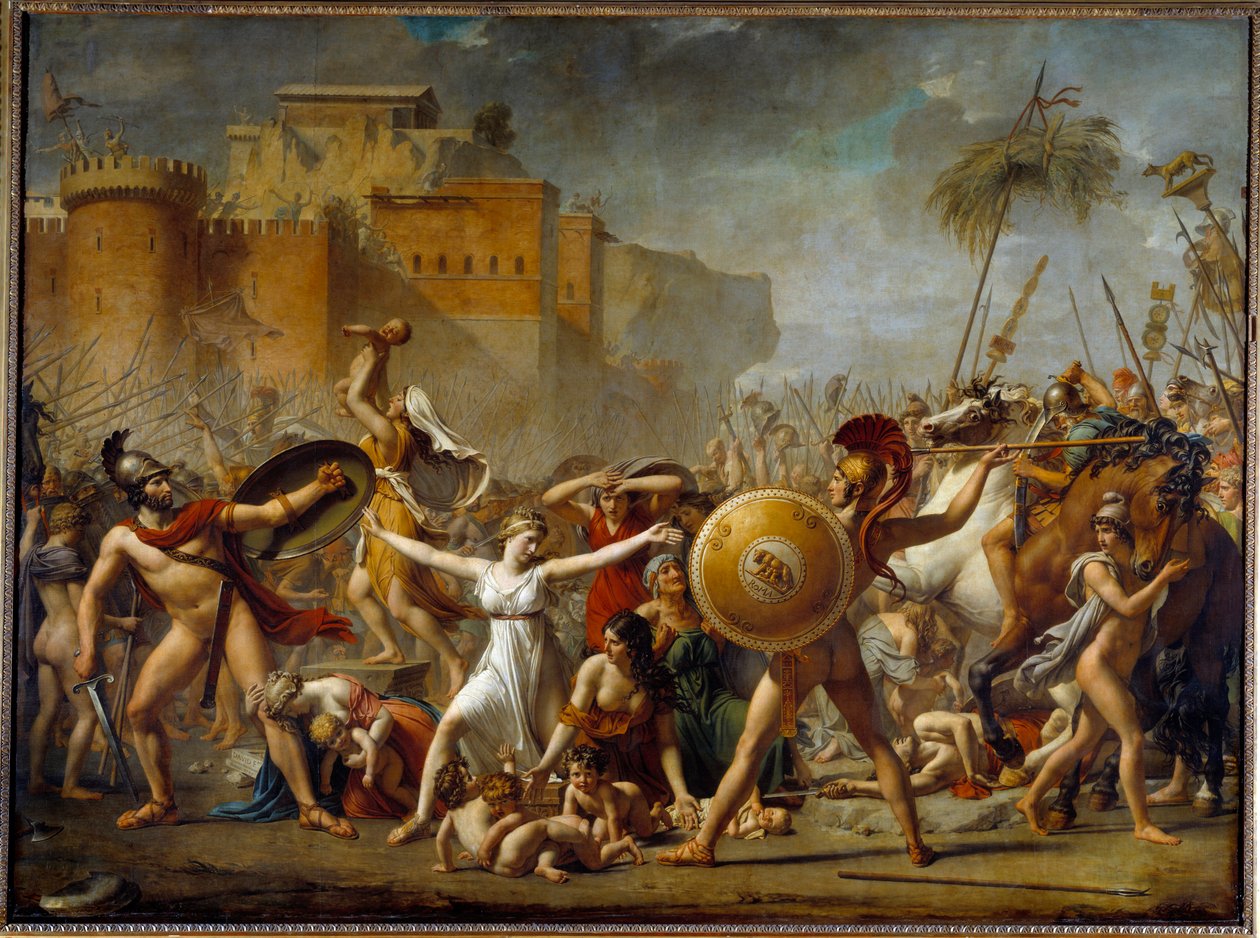 Os Sabines interpostos entre seus maridos romanos (direita) e seus irmãos Sabine (esquerda) mostrando-lhes seus filhos - Pintura de Jacques-Louis (Jacques Louis) David (1748-1825) de Jacques Louis David