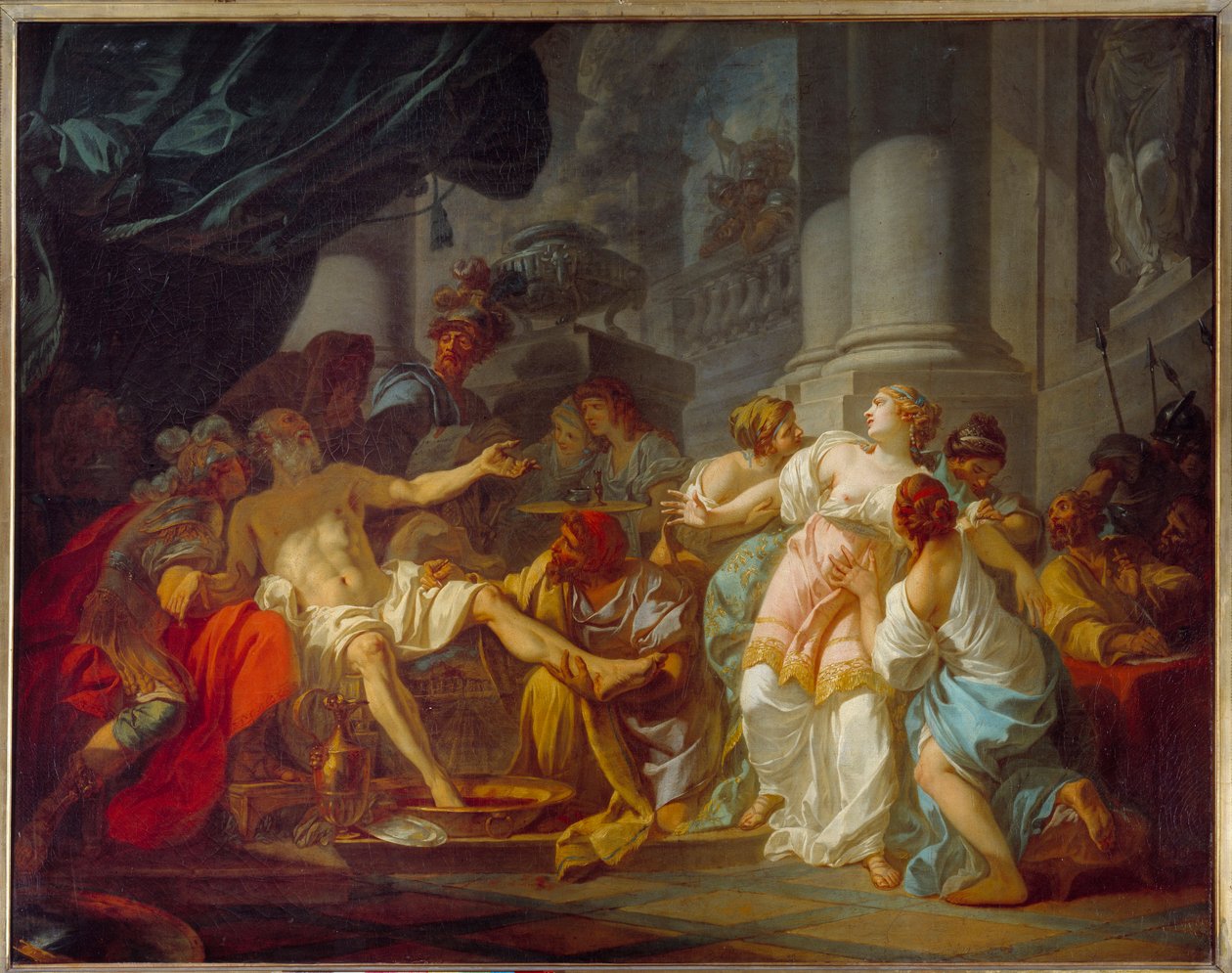 A morte de Seneque (4 AC - 65 DC), filósofo romano. Em 65, ele foi comprometido apesar dele na Conjugação do Pisão e condenado à morte. Ele se mata abrindo as veias sob o comando de Neron. Pintura de Jacques Louis David (1748-1825 de Jacques Louis David