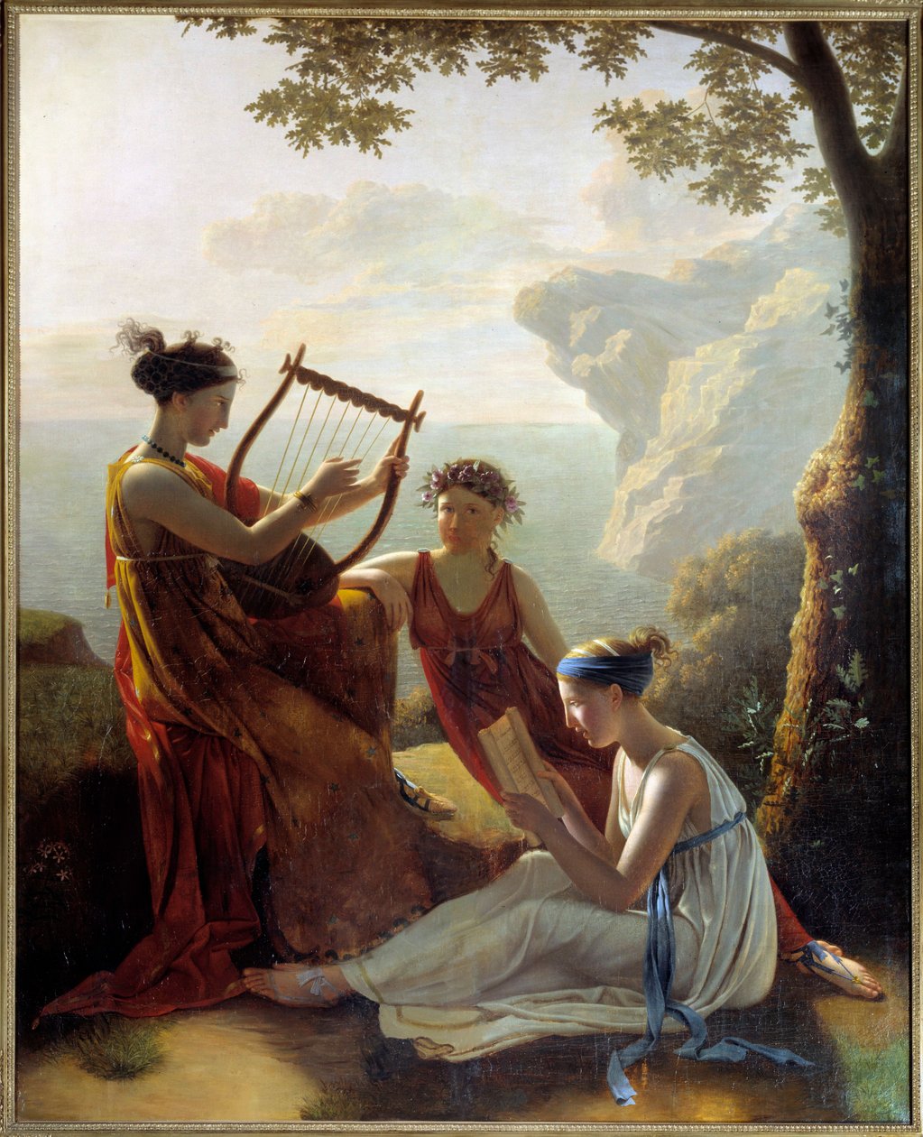 Poeta grego Sapho (Sappho) tocando lira e dois de seus companheiros Pintura de Jacques Louis Grandin (1780-?) 1808 Paris, Musee Marmottan de Jacques Louis Michel Grandin