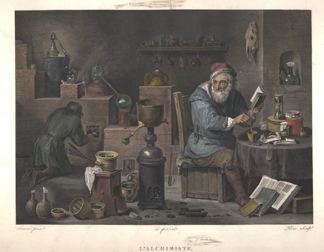 O Alquimista após a pintura de David Teniers, final do século XVIII. de Jacques Louis Perée