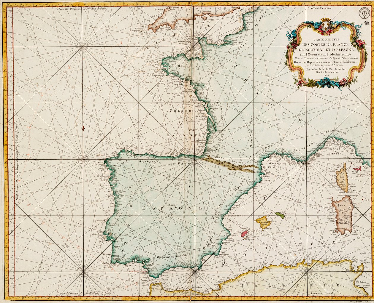 Carta da Europa Ocidental mostrando o meridiano de Paris como o principal de Jacques Nicolas Bellin