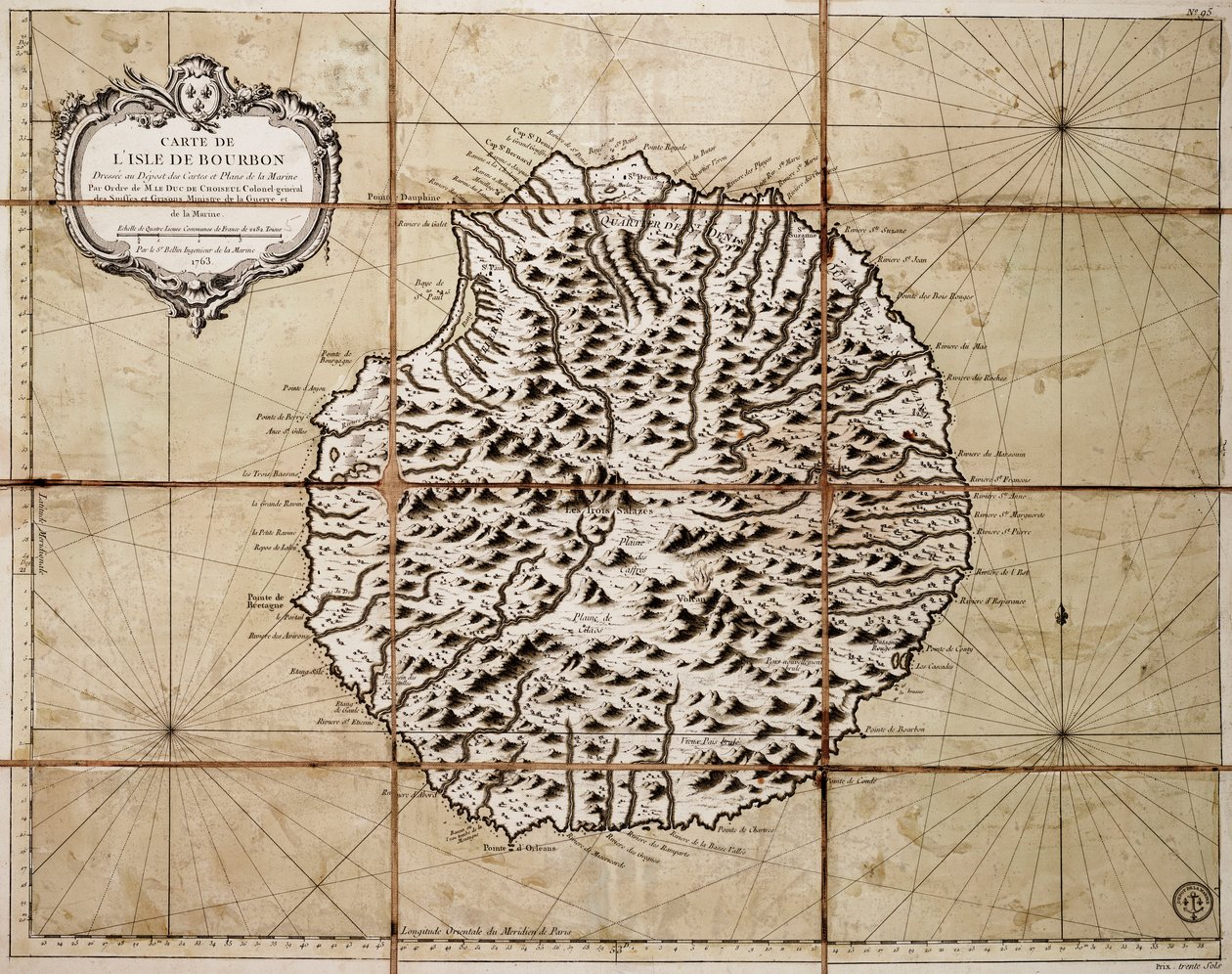 Mapa da ilha de Bourbon elaborado no depósito de mapas e cartas marítimas de Jacques Nicolas Bellin
