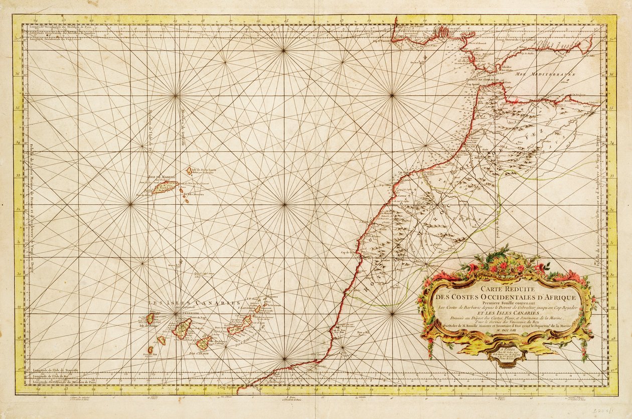 Mapa da costa noroeste de África, do estreito de Gibraltar às ilhas Canárias de Jacques Nicolas Bellin