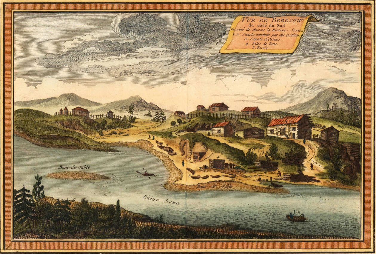 Vista de Beryozovo a partir do rio Sosva, 1760 de Jacques Nicolas Bellin