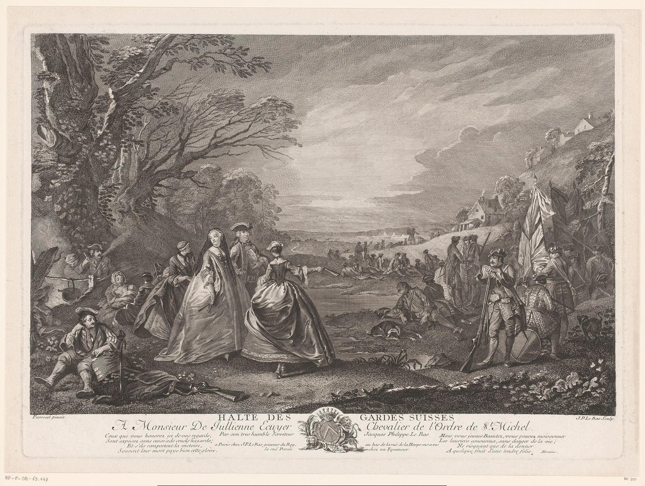 Paisagem com quatro figuras visitando um acampamento do exército
Halte des Gardes Suisses (título sobre o objecto) de Jacques Philippe Le Bas