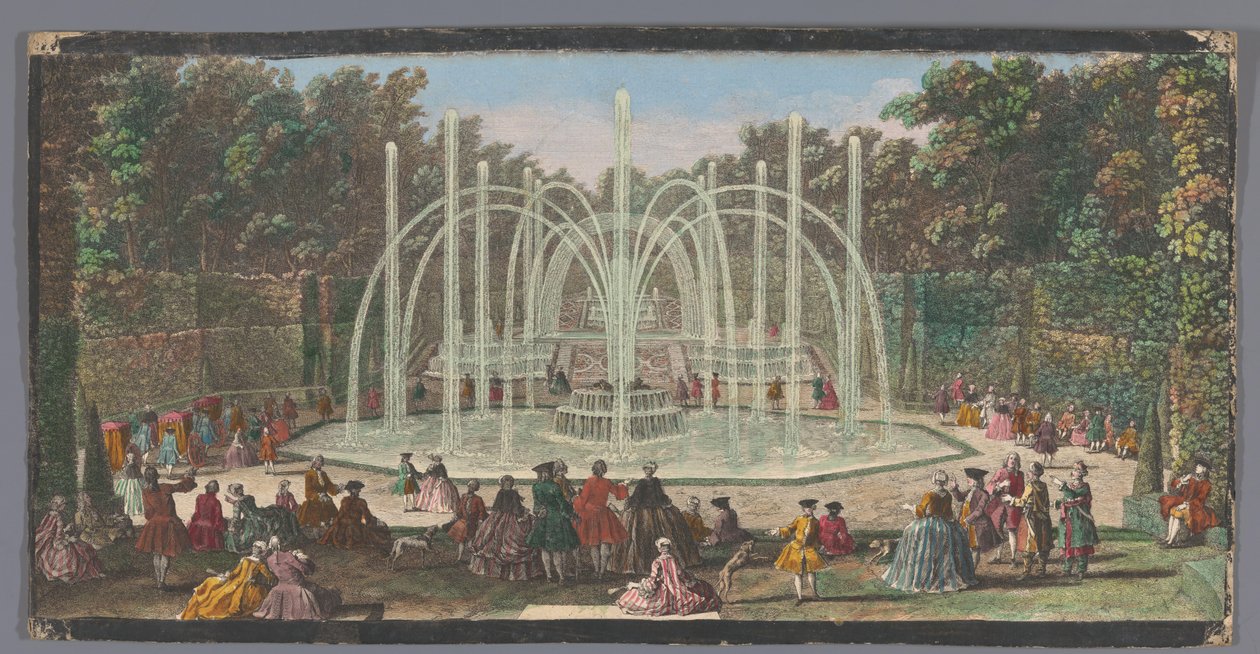 Vista do Bosquet des Trois Fontaines no Jardim de Versalhes Les Trois Fontaines (título no objeto) de Jacques Rigaud (possibly)