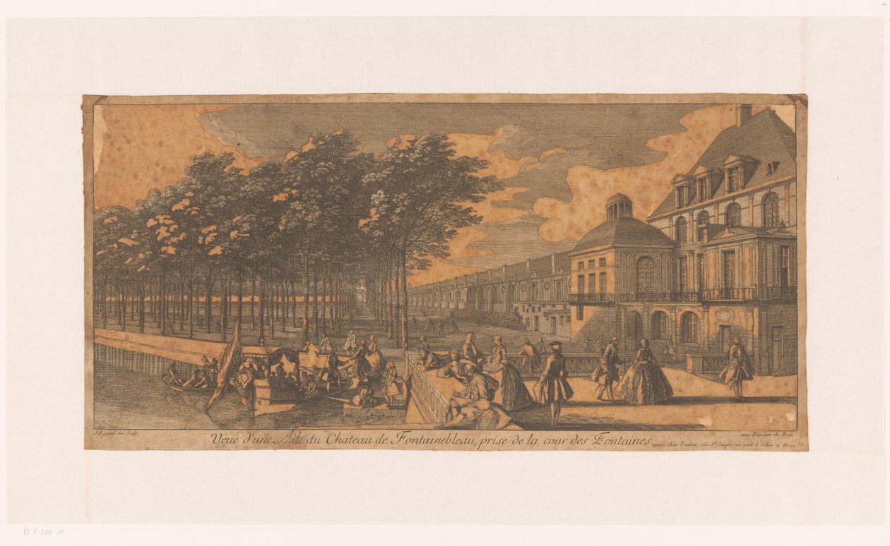 Gezicht op een laan bij de Cour de la Fontaine van kasteel Fontainebleau Vista de uma ala do Château Fontainebleau, tirada da Cour des Fontaines (título no objeto) de Jacques Rigaud