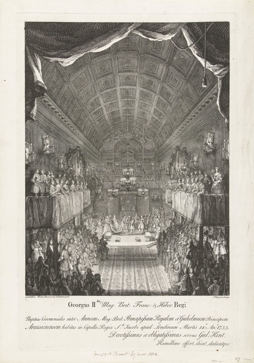 Casamento de Guilherme IV com a Princesa Anna, 1734
Georgio IIdo Mag: Britânico: Franc: & Hiber. regi Nuptias Ceremoniales inter Annam (...) et Gulielmum (...) Martis 14o: Ano: 1733 (...) (título sobre o objecto) de Jacques Rigaud