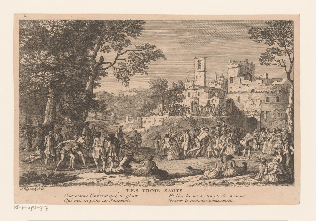 Paisagem com grupo de pessoas assistindo a uma corrida de salto em distância Les trois sauts (título no objeto) de Jacques Rigaud