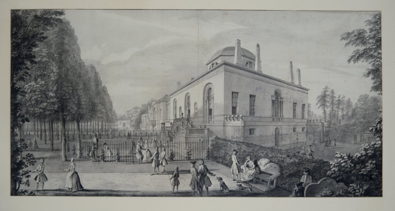 Villa neo-paladiana de Lord Burlington em Chiswick and the Jacobean House (caneta e tinta com lavagem em papel) de Jacques Rigaud