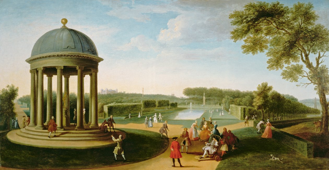 O Teatro da Rainha da Rotunda, Stowe House, Bucks, com Lord Cobham e Charles Bridgeman de Jacques Rigaud