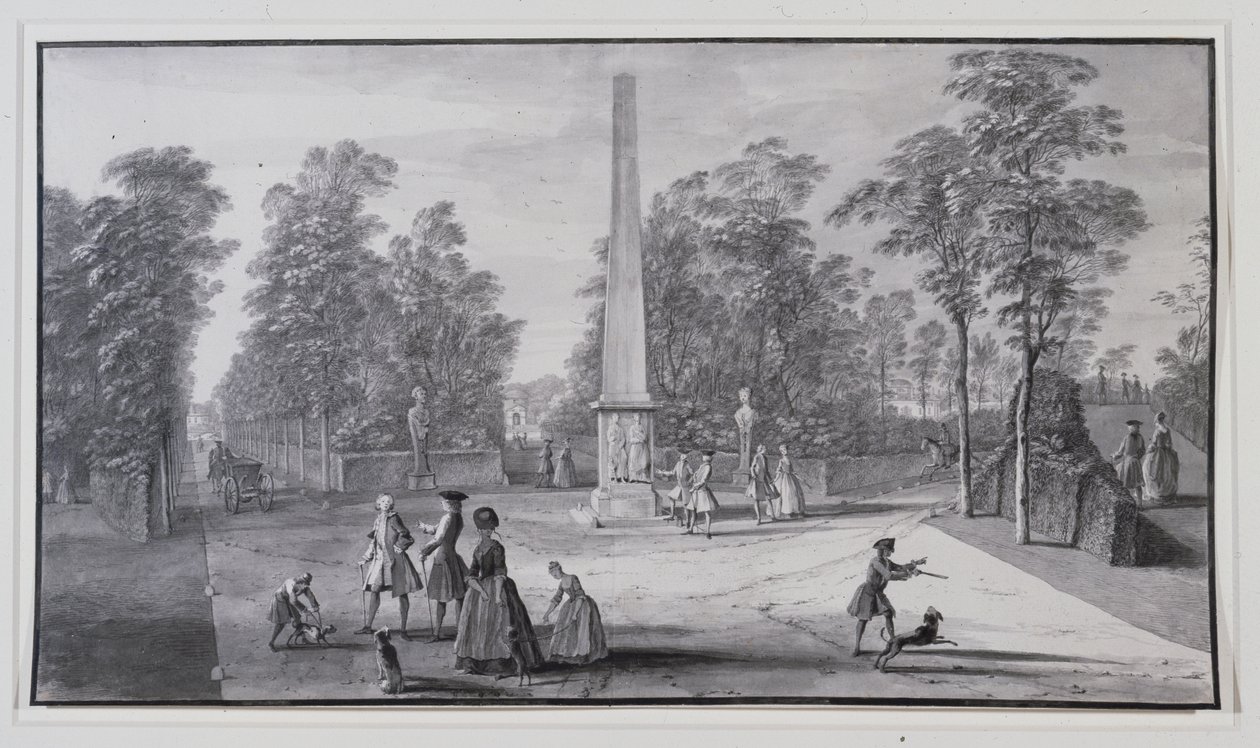 O grande obelisco, perto da entrada sudoeste da Villa Chiswick do Lord Burlington (caneta e tinta com lavagem em papel) de Jacques Rigaud