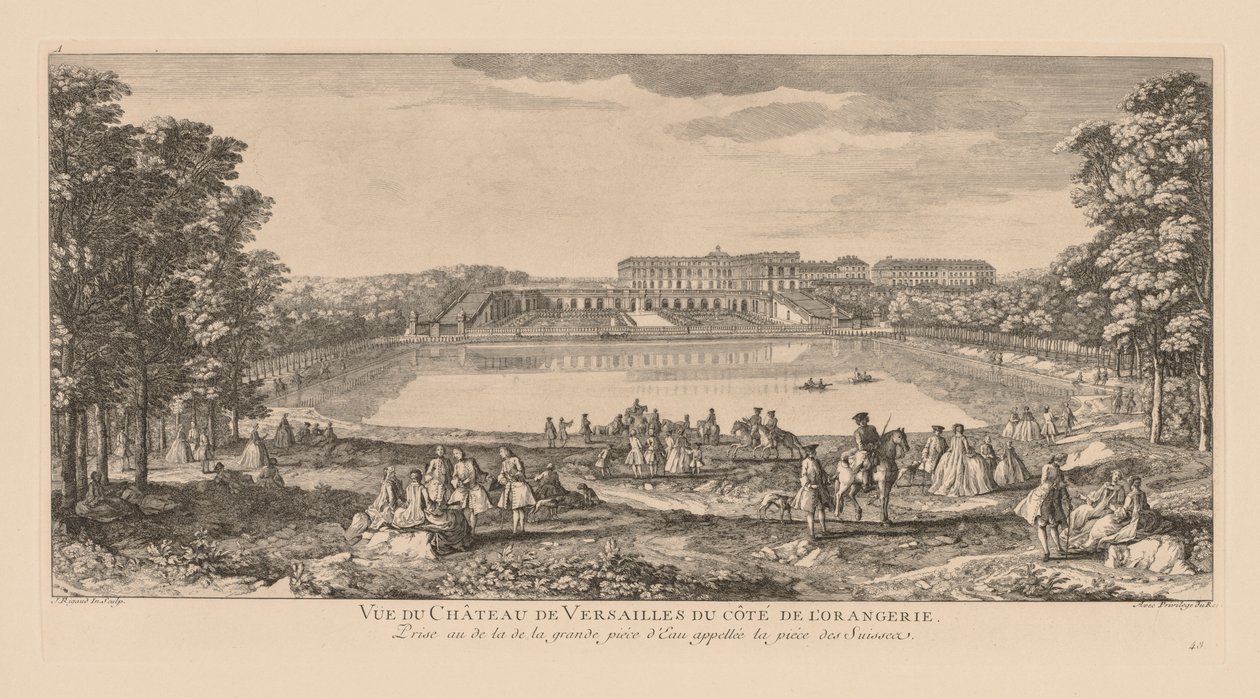 Vista do Palácio de Versalhes, do lado da Orangerie, tirada além da lagoa suíça de Jacques Rigaud