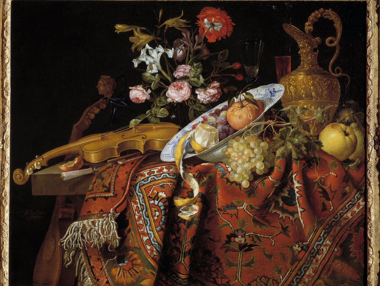 Natureza morta com violino e água-marinha Pintura de Jacques Samuel Bernard (1615-1687) de Jacques Samuel Bernard