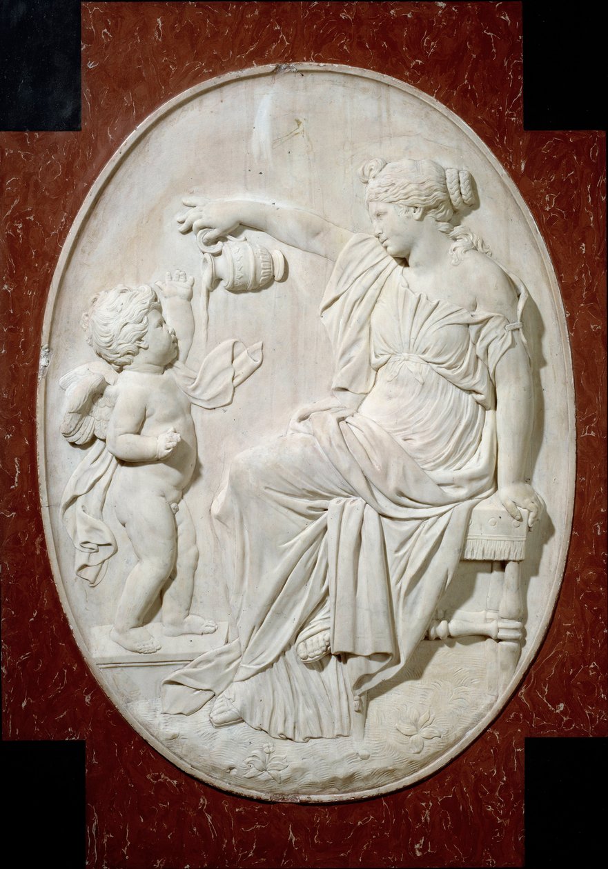 Monumento ao coração de Luís XIII: as quatro virtudes cardeais. A temperança. Elemento decorativo do monumento funerário de Luís XIII na igreja de São Paulo São Luís (São Paulo), rue Saint Antoine, em Paris. Base em mármore em relevo de Jacques Sarazin (15 de Jacques Sarazin