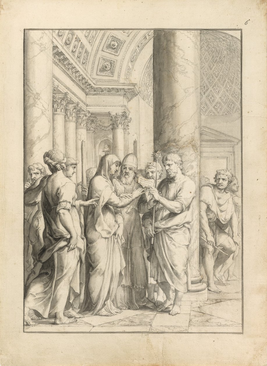 Casamento da Virgem, c.1640 (caneta e tinta preta, com pincel e lavado cinza e marrom claro e grafite, em papel colado creme remendado) de Jacques Stella
