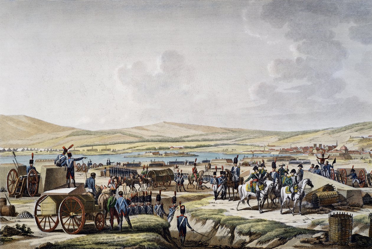 Napoleão visitando as obras de cerco em Danzig lideradas pelo Marechal Lefebvre (9 de Maio de 1807), gravura de François Jacques Dequevauviller (1783-1848), desenho de Jacques Francois Joseph Swebach-Desfontaines (1769-1823) de Jacques Swebach Desfontaines
