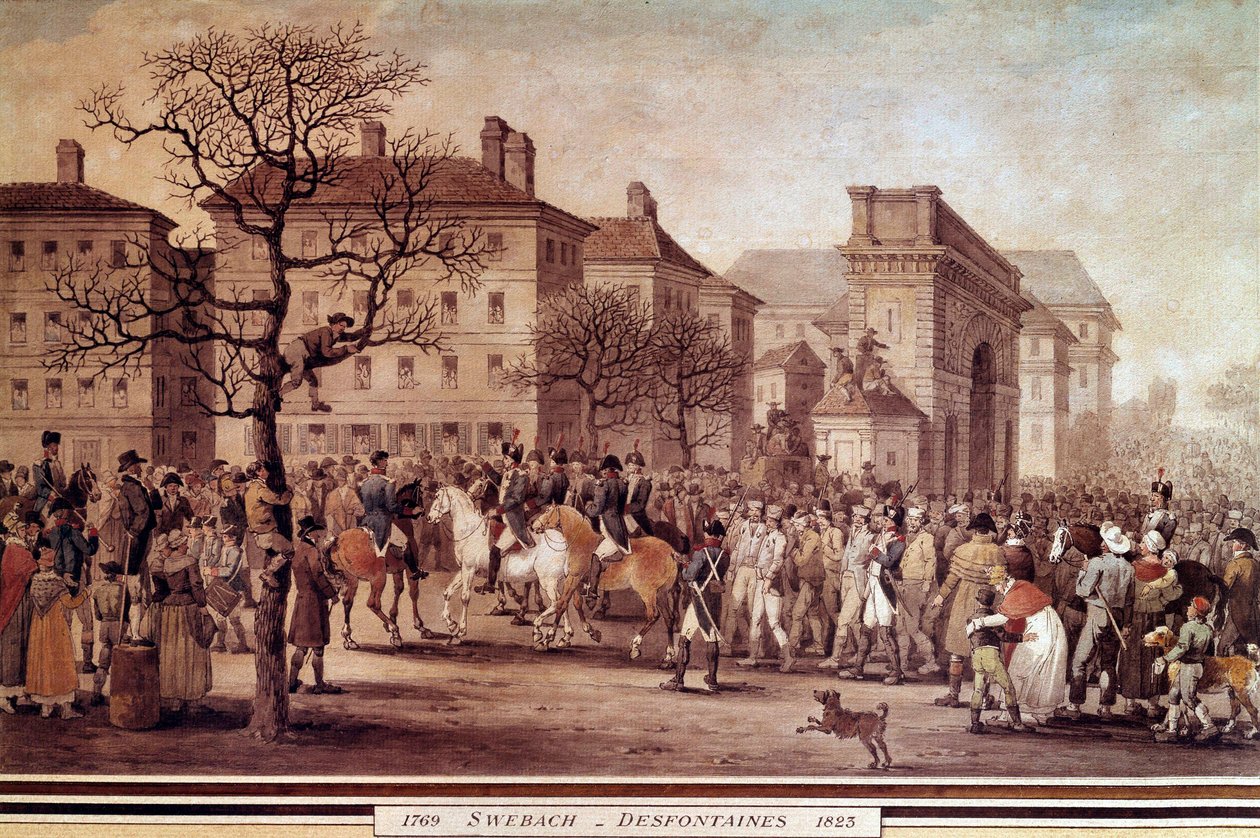 Campanha da França em 1814: “”Entrée em Paris de prisioneiros das armas aliadas (incluindo Rússia e Prússia), escoltados pela Guarda Nacional comandada pelo Marechal Moncey em 9/03/1814”” Litografia de Jacques Swebach-Desfontaines (1769- 1823) de Jacques Swebach Desfontaines