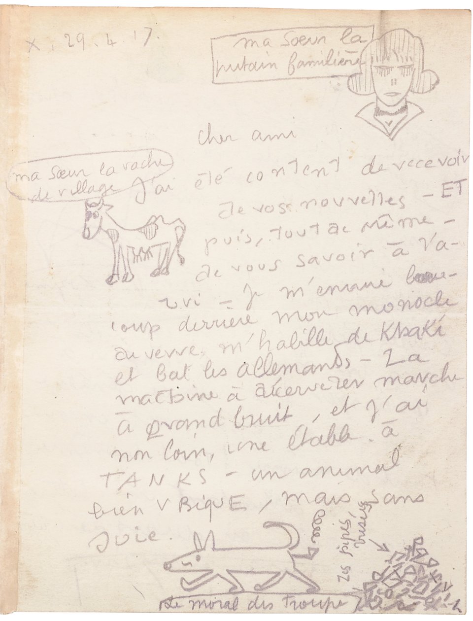 Carta autografada com desenhos de Jacques Vache