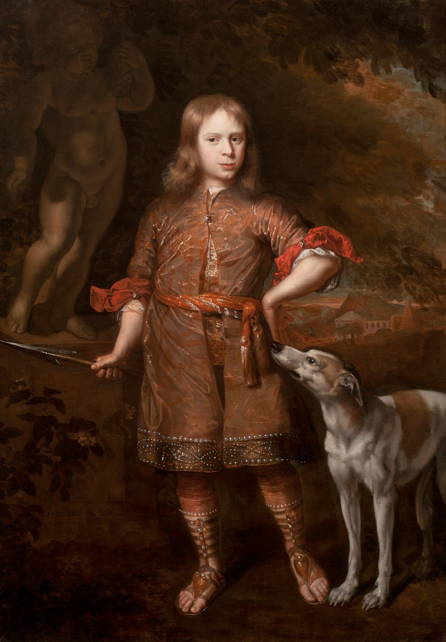 Retrato, de, um, menino, como, um, caçador, segurando, um, javali lança, com, um, greyhound, mid-1670s de Jacques Vaillant