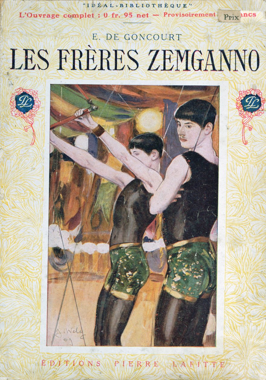 Ilustração de capa de "Les Freres Zemganno" por Edmond Huot de Goncourt (1822-96), publicado pela Pierre Laffitte Editions, Paris, 1909 de Jacques Wely