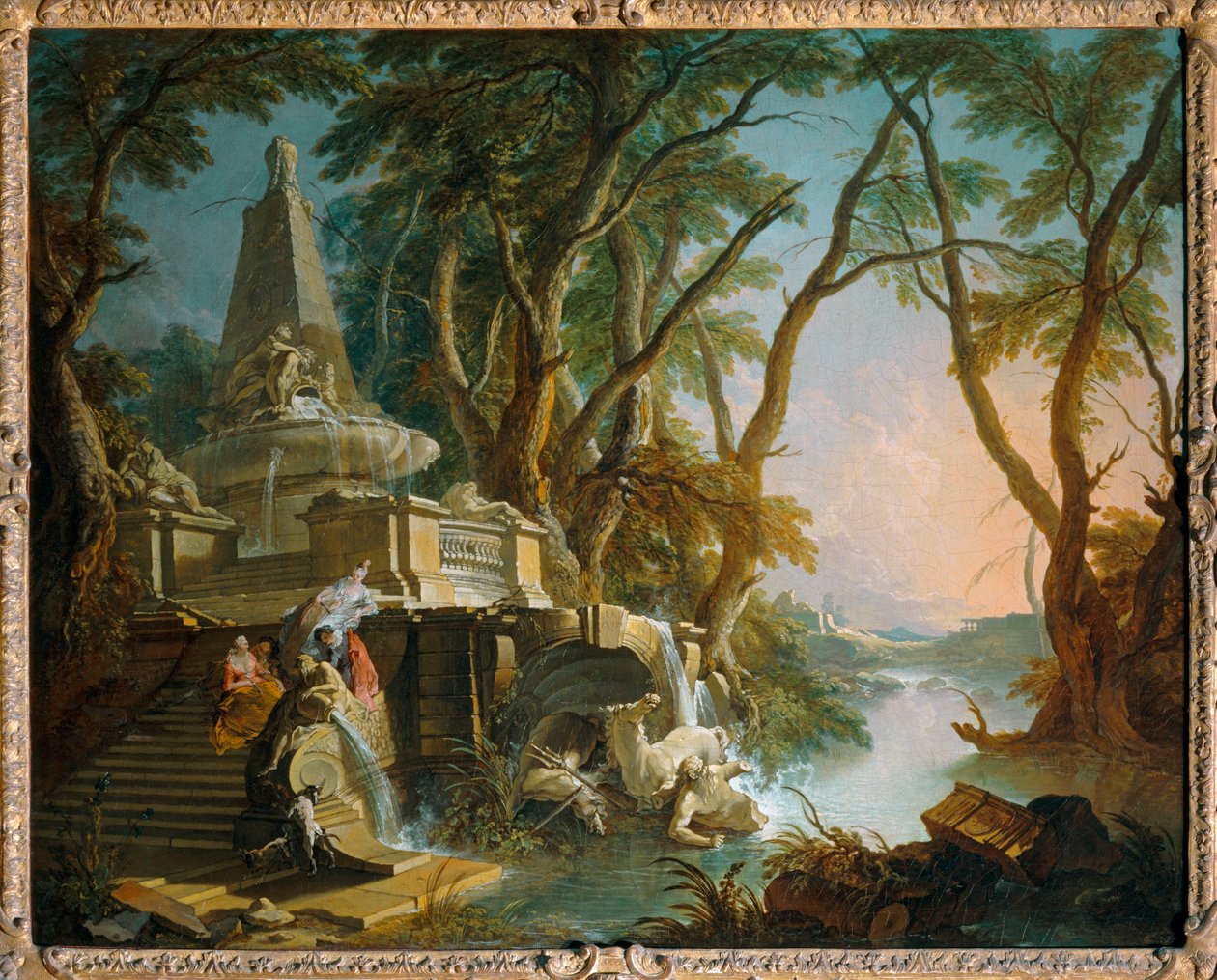 Paisagem imaginária: o rio, também conhecido como a fonte piramidal com uma estátua partida de Neptuno - Paisagem imaginária: o rio ... de Jacques de (after) Lajoue