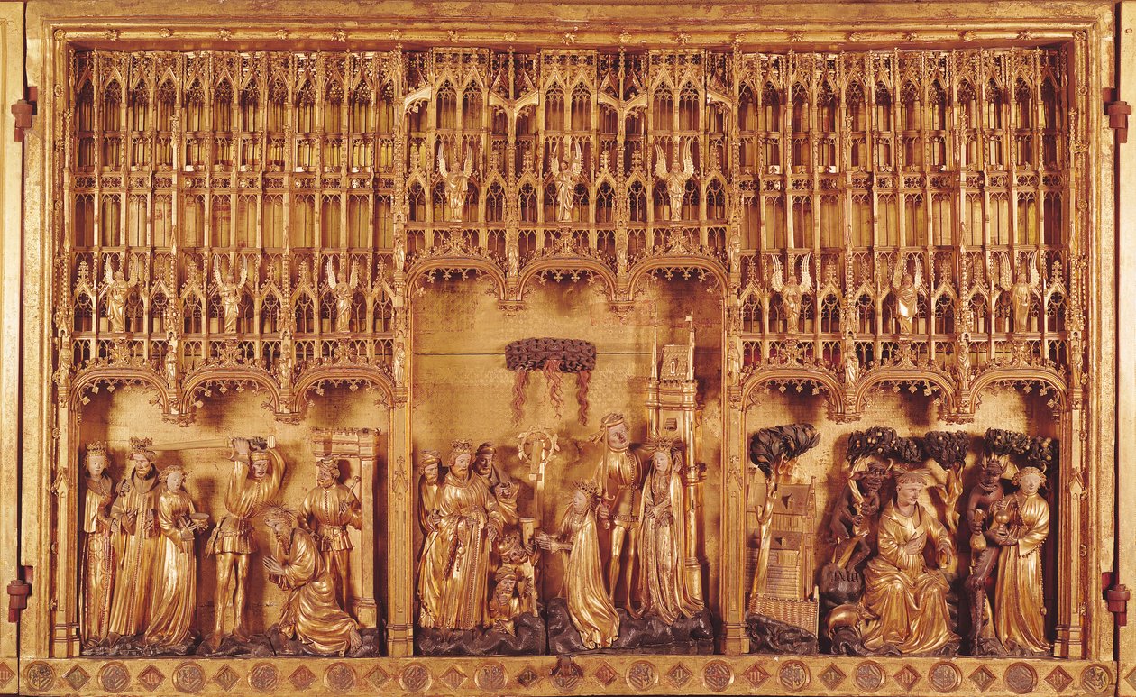 Retábulo de Santos e Mártires, painel central da decapitação de São João Batista, do Martírio de Santa Catarina de Alexandria e Santa Bárbara e da Tentação de Santo Antônio, c.1391 de Jacques de Baerze or Baers
