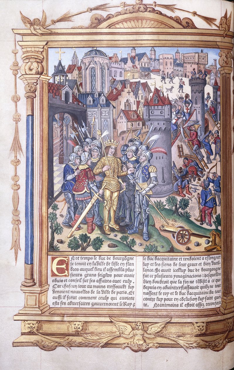 Manuscrito iluminado representando um rei e seu exército diante de uma cidade, 1503-04 de Jacques de Besancon