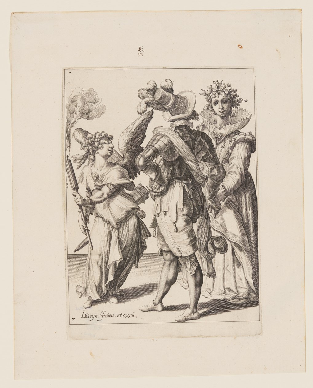 Um Cupido de olhos vendados segurando uma tocha diante de um casal, de The Masquerades de Jacques de Gheyn II
